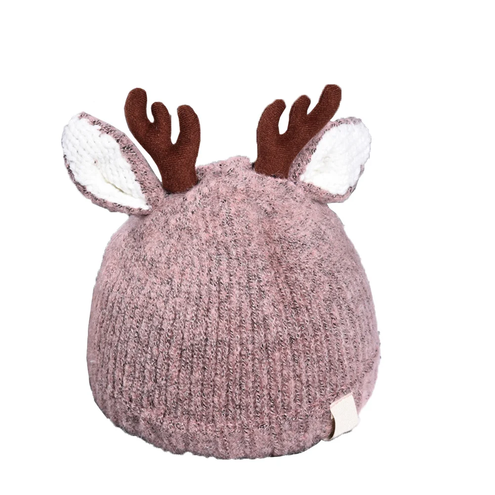 قبعة أطفال محبوكة من الصوف على شكل قرون وردي للخريف والشتاء بتصميم دافئ قابل للتمدد من عمر 0 إلى 3 سنوات قبعة عيد الميلاد