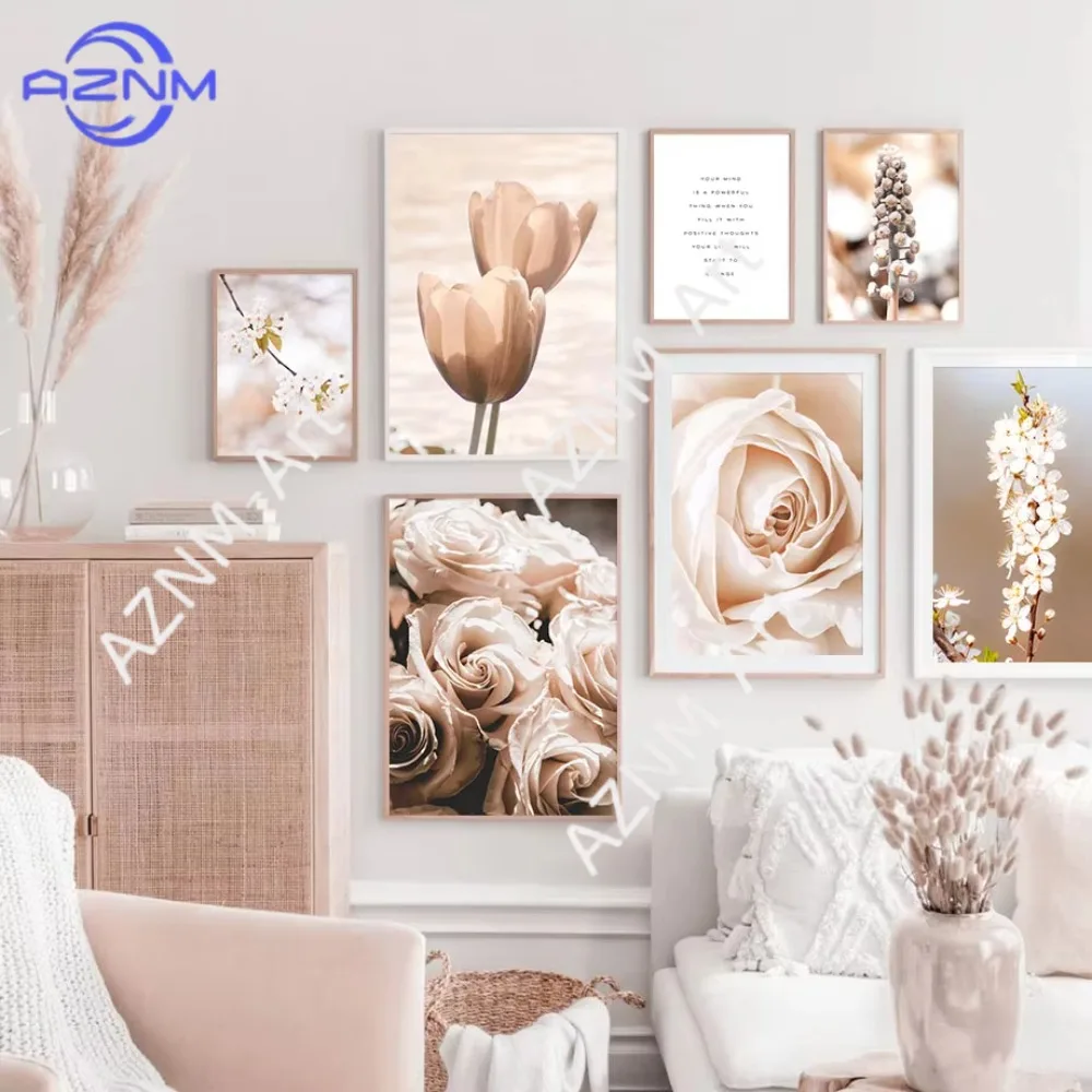 1 Stück nordisches beiges Blumen- und Pflanzen-Wandbild, Leinwandgemälde, Poster, Drucke, Rosen- und Kirschblüten-Wanddekoration, Bild für Raumdekoration