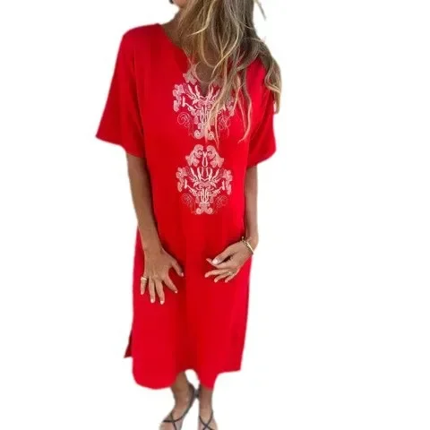 Spring and Summer New Flower Print Women's Dress Round Neck Fashionable Loose Long Dress Casual Short-sleeved Women Robe