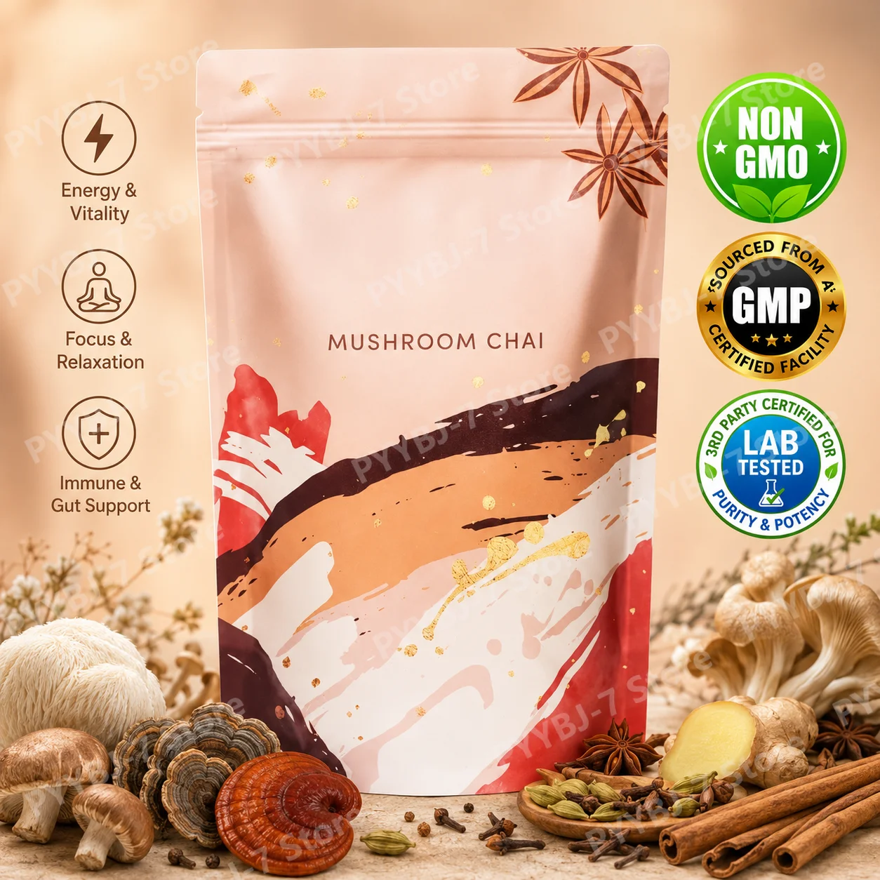 Ayurvedic & Herbal Wellness Kits - ชาสมุนไพรเห็ดชัย ผสมเครื่องเทศอายุรเวท พร้อมถั่งเช่า บำรุงสุขภาพลำไส้ ระบบภูมิคุ้มกัน เห็ดหลินจือ