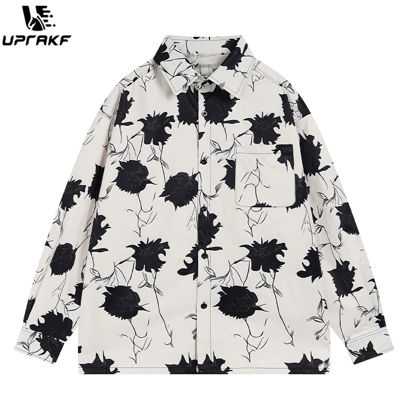 

UPRAKF Flower Graphic Shirts Long Sleeve Polo Neck Fashion Double Pocket Casual Loose Autumn Button High Street Tops