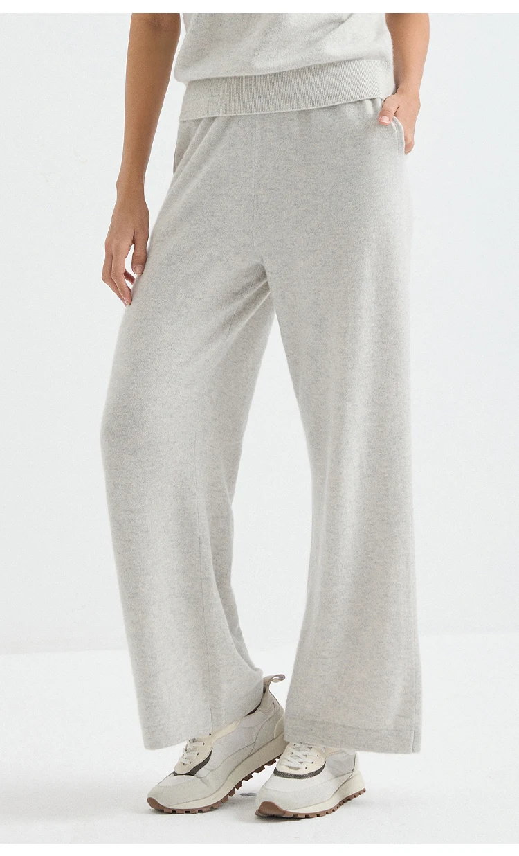 BY4621762 Damen 100% Kaschmir Weite Hose mit geripptem, elastischem Bund, Gesäßtasche, Kettenrand, entspannte Passform, Frühherbst – Detail 4