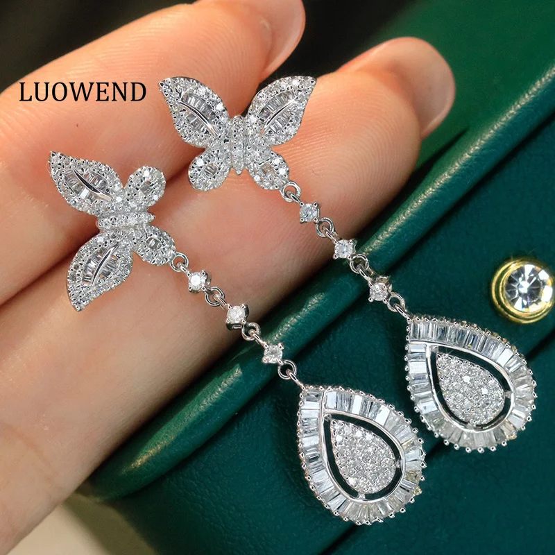 

LUOWEND 18K White Gold Earrings Romantic Elegant Style 1.0carat Real Natural Diamond Drop Earrings for Women High Party Jewelry