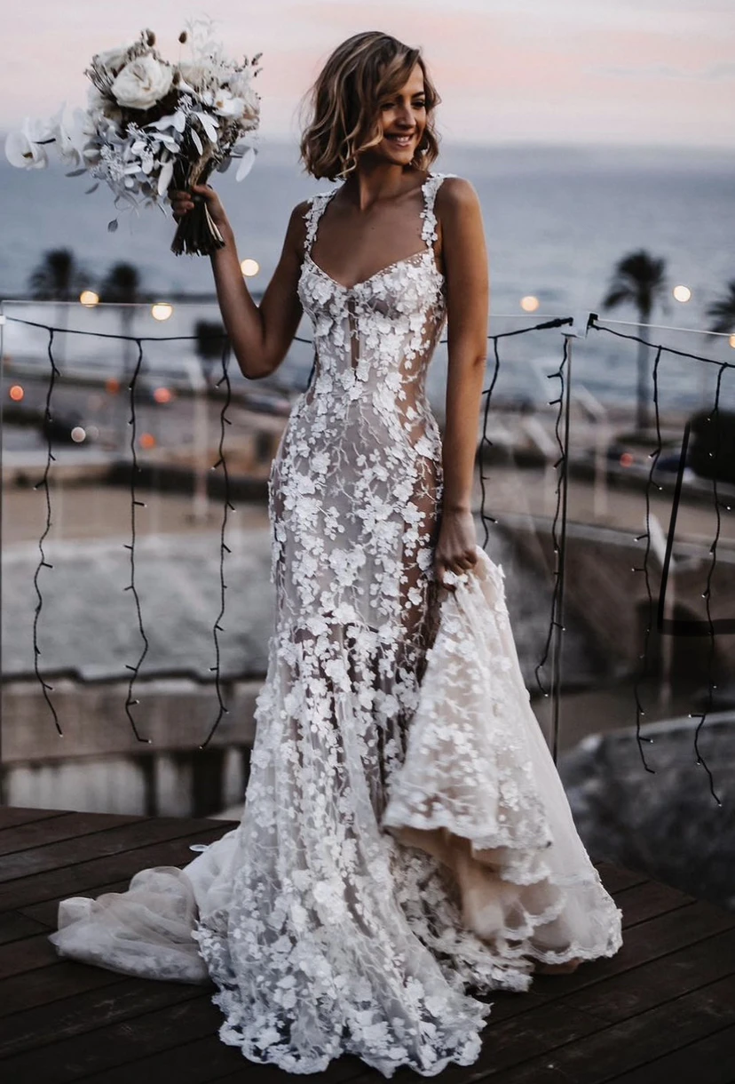 

Boho Floral Lace Mermaid Wedding Dresses Spaghetti Straps Long Sexy Bridal Gowns Illusion Court Train Bohemian Beach Bride Dress