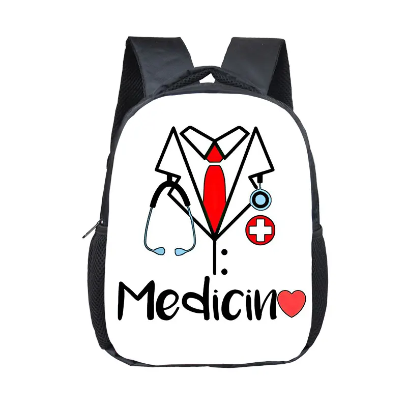 Seringa de estetoscópio médico infantil padrão mochila, bonitos sacos de escola, impressão, médico, enfermeira, enfermeira, pequeno, criança, criança, crianças