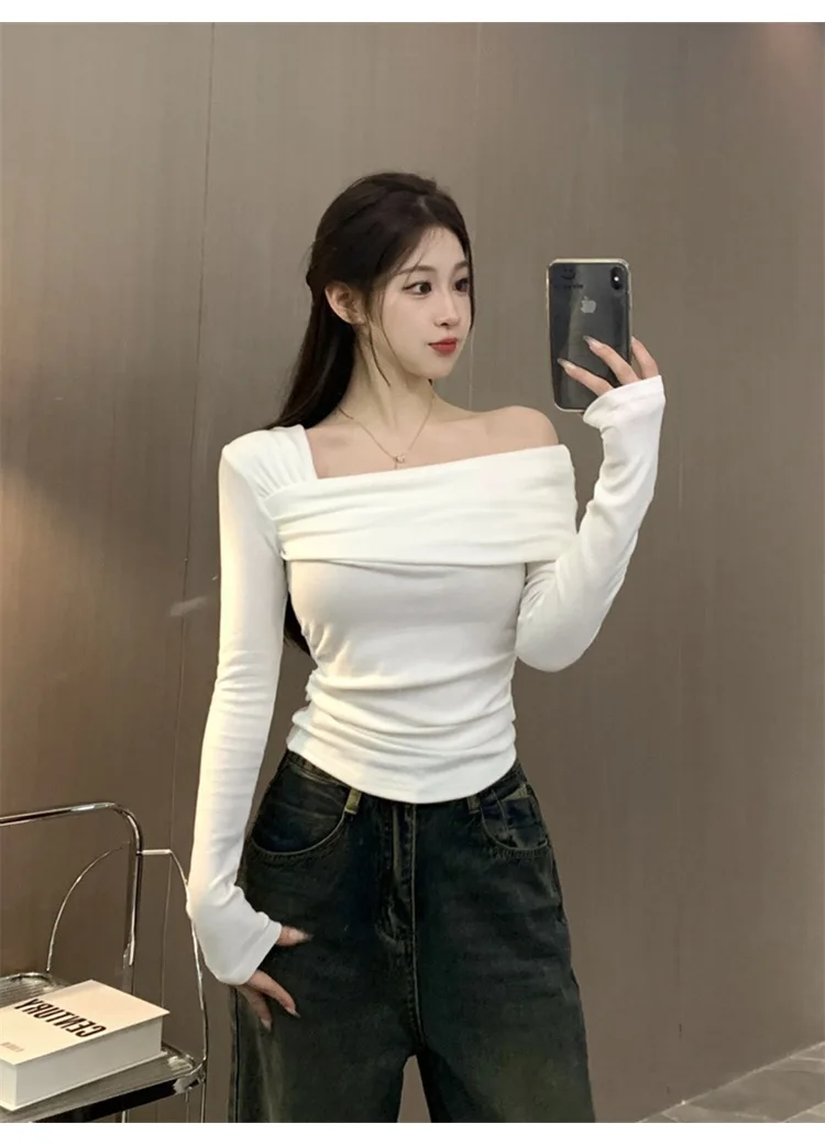Damen Frühling Herbst Off-Shoulder Slim T-Shirt im Studenten-Stil Asymmetrisches Langarm-Basic-Top Lässiges Layering-Shirt für Erwachsene – Detail 6