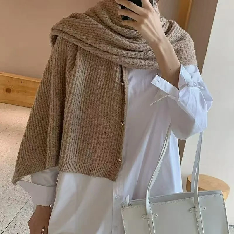 Warm Knitted Plain Color Scarf Thick Single Breasted Wool Shawl Wrap Women Cape Open Side Woven Cardigan Poncho Stole