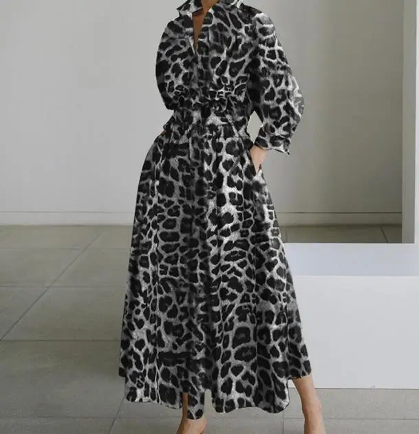 Vestido com estampa leopardo para mulheres, manga longa, polo urbano, balanço grande, roupas elegantes, moda, verão, 2023