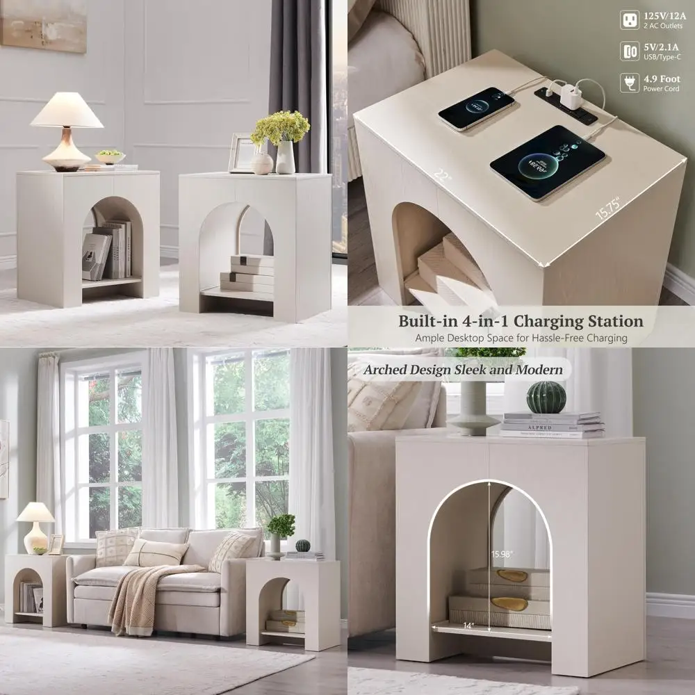 Double Arched Nightstands with USB Charging, 22 Bedroom Side Tables featuring Outlets and Type-C Ports for Modern Convenience