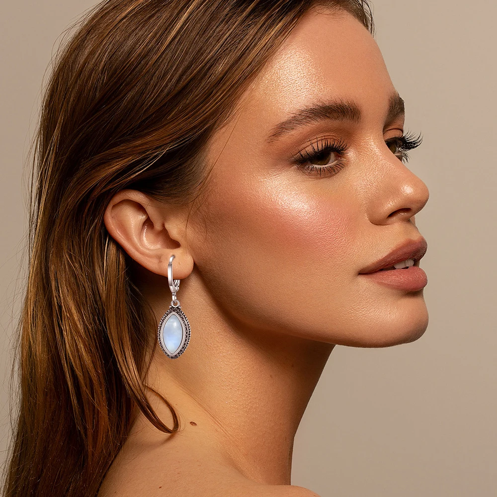 

Vintage 925 Sterling Silver Natural Moonstone 6*12mm Teardrop Earrings Vintage Silver Eye-Shaped Black Onyx Exquisite Jewelry