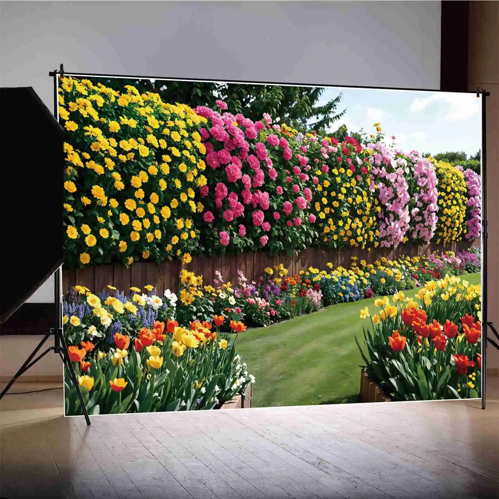 Fondos de fotografía personalizados para niños, flores de primavera, jardín, camino, pared de madera, paisaje, foto, pancartas