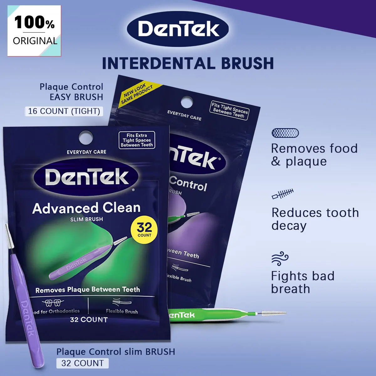 DenTek BRUSH 16 COUNT&32 COUNT,Advanced Clean SLIM,Plaque Control EASY BRUSH Extra Tight,Sturdy Handle,Slim Profile Brush Tip