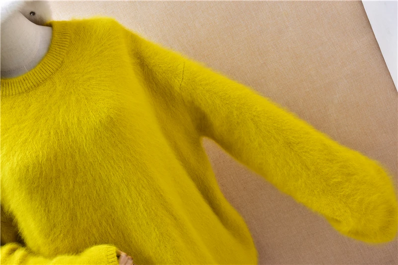 Women Mujer Autumn Winter Clothing Hairy Mink Cashmere Knitted O-Neck Long Sleeves Loose Pullover Angora Fur Sweater Jumper Pull