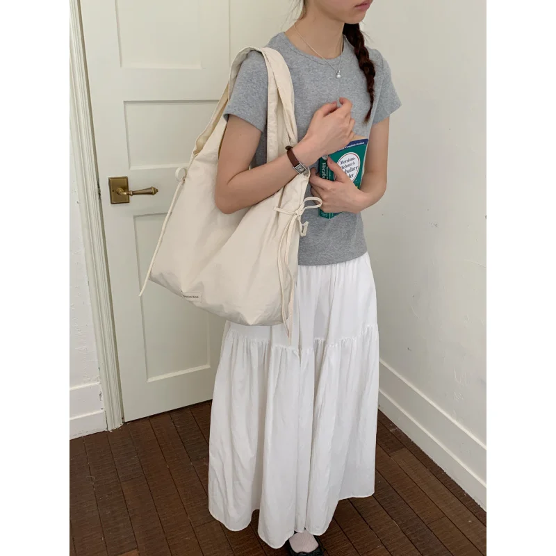 

2026Summer large-capacity Korean-style lace-up tote bag for women, simple, casual, versatile, suitable for commuting, canvas sho