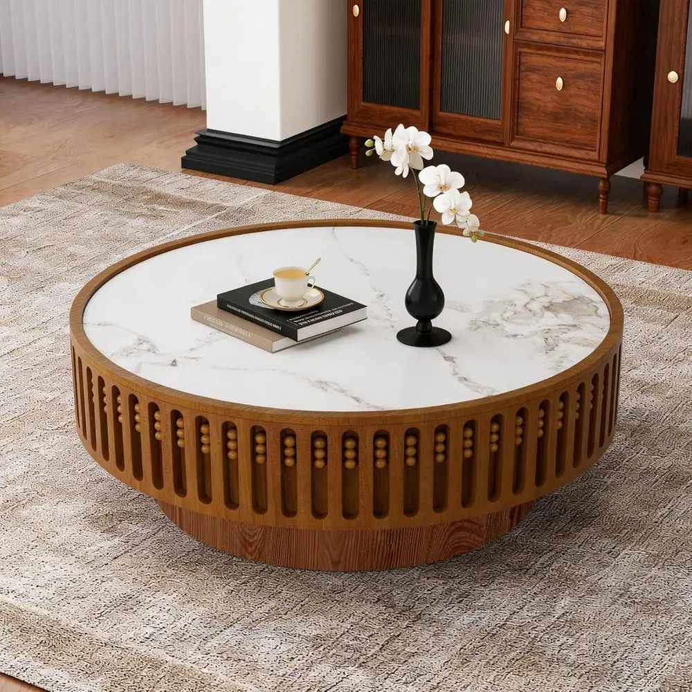 

35.43 Diameter Sintered Stone Top Wooden Coffee Table - Unique Centerpiece for Living Room or Office