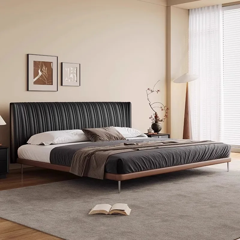 Retro black leather shell bed, master bedroom antique first-layer cowhide double bed, wedding bed