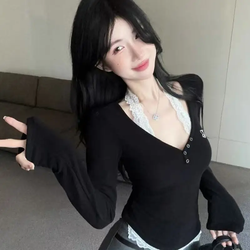 

Elegant Desire Spring Autumn Long Sleeve Two-piece Spicy Girl Black Slim Fit Lace T-shirt Base Top