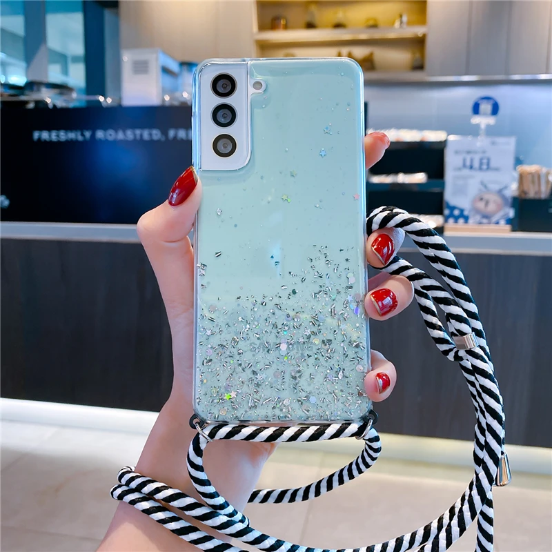 Glitzer-Halskettenhülle für Samsung Galaxy S25 S23 S21 S20 FE S24 Plus S26 Ultra A56 A36 A17 mit Umhängeband und Handyhülle