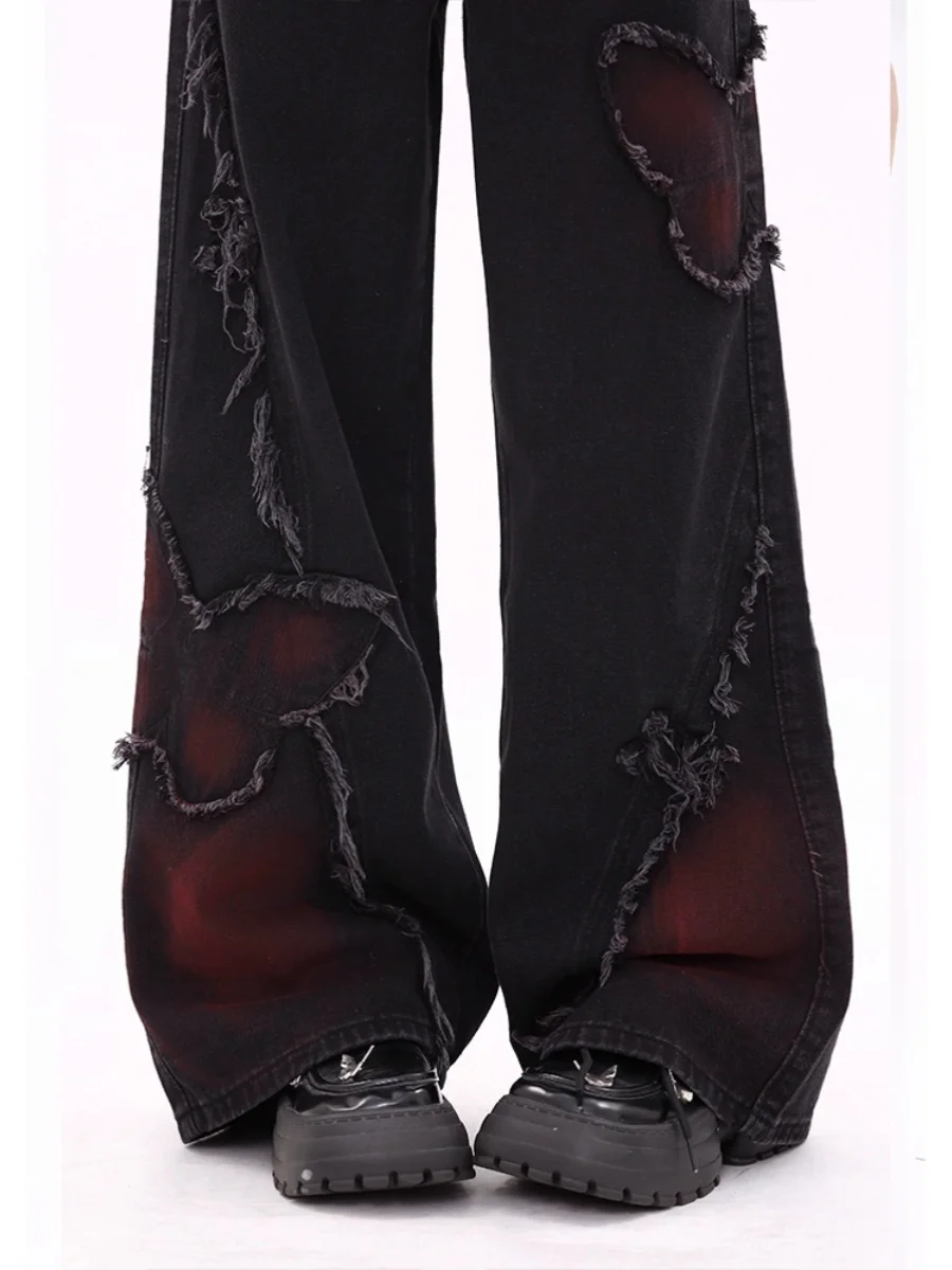 جينز جديد لربيع وخريف 2025 على شكل فراشة سوداء كلاسيكية أمريكية واسعة الساق للنساء سروال عالي الخصر للتخسيس مستقيم أزرق فاتح