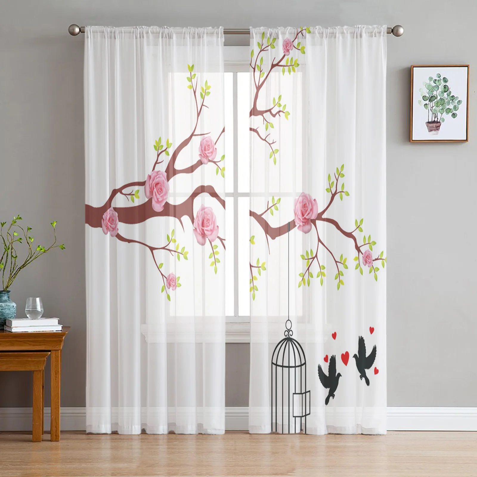 

Rose Flower Branch Bird Sheer Voile Curtain Window Treatment Drapes Tulle Curtains for Living Room Bedroom Chiffon Curtains