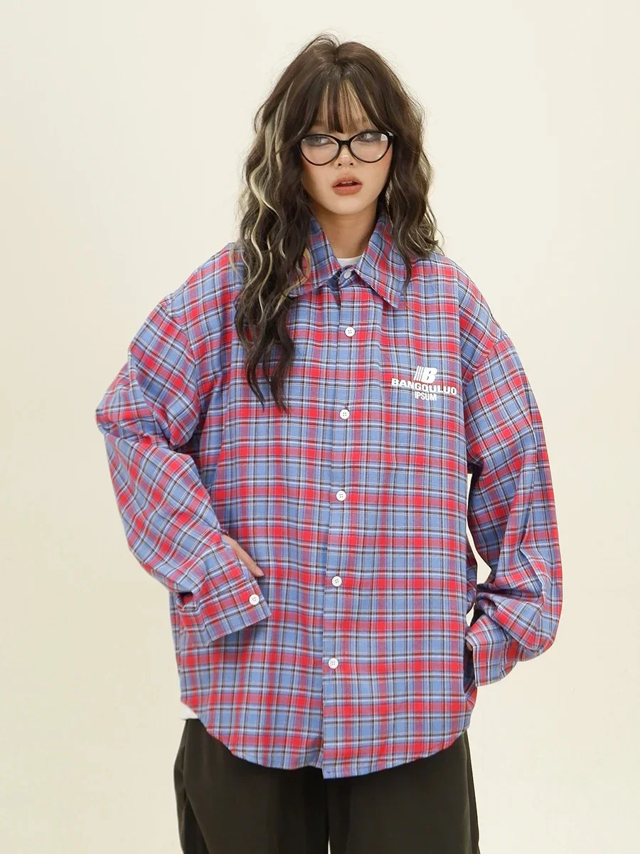 Plaid Long-sleeved Shirts Women's 2024 Autumn New Loose Bf American College Style Couple Versatile Top blouse