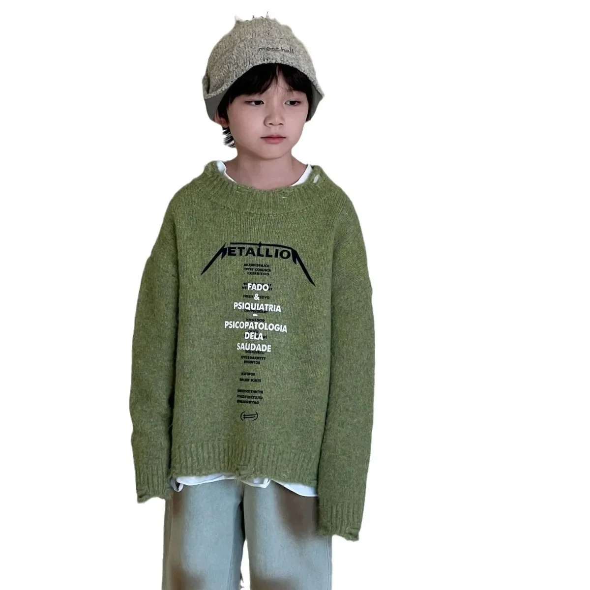 2024 Autumn Korean Edition New Letter Hole Sweater for Middle Aged Children