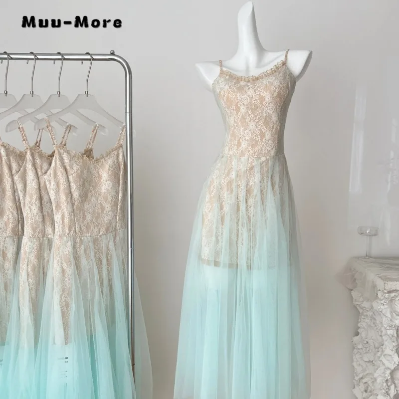 

Women Elegant Patchwork Backless Round Neck Gauze Dress 2025 Summer Hotsweet Vintage Sleeveless High Waist Suspender Dress