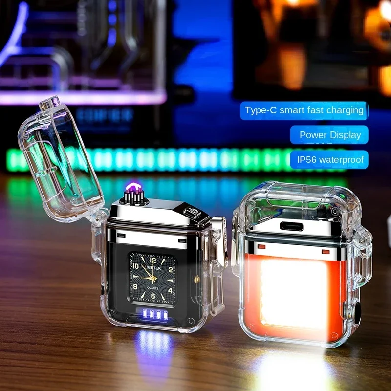 Waterproof Double Arc Plasma Flashlight, Outdoor Lighter, Transparent Watch, USB Rechargeable, Flameless, Windproof Lighter