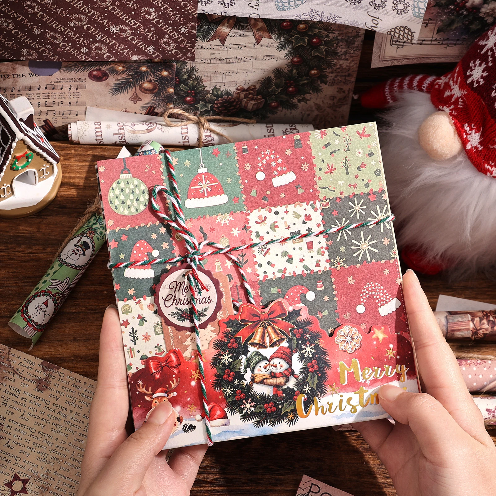 200 Sheets Vintage Xmas Scrapbook Paper – Tree, Snowman, Santa & Music Patterns, for Card Making, Junk Journals & Gift Wrap