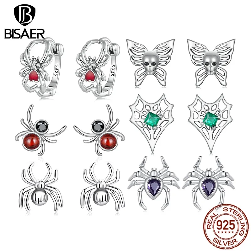 BISAER 925 Sterling Silver Heart-shaped Spiderweb Hoop Earrings Skull Butterfly Spider Stud Earrings For Women Party Jewelry