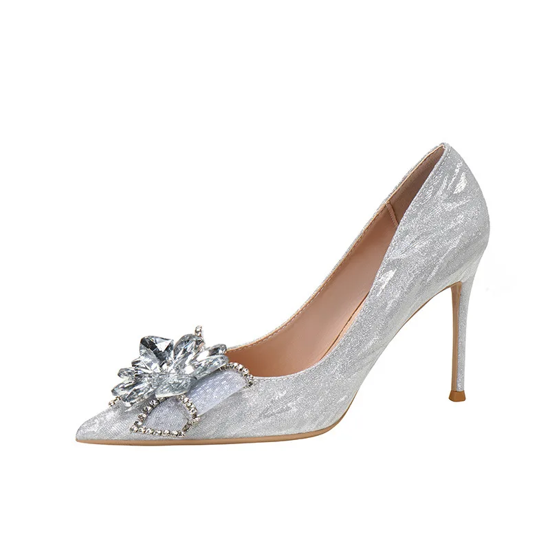 Champagne New Bridal Shoes Women's Wedding Shoes Thin Heel Pointed French Cinderella Crystal Bridesmaid High Heels