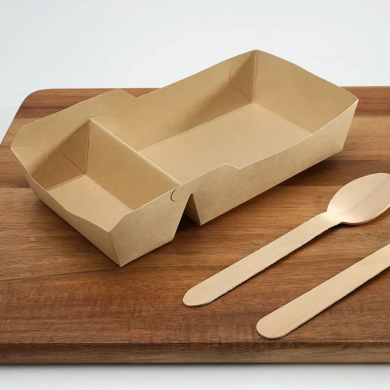 Bandejas de papel para patatas fritas de pulpa de bambú Natural de 2 rejillas, bandejas de papel desechables con caja de salsa para inmersión, contenedor para llevar pepitas de pollo