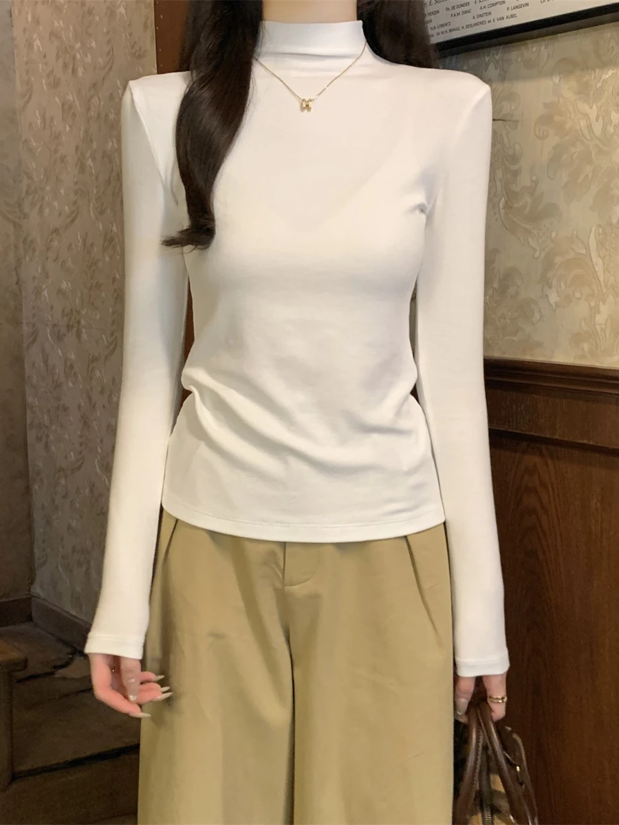 White Slim Fit Long Sleeve T-Shirt Women's Early Autumn 2026 New Style High Waist Design Base Shirt Top Half High Collar