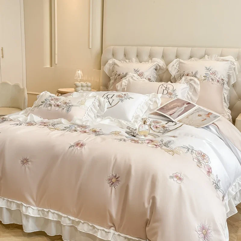 Luxury Flower Embroidery Bedding Set Egyptian Cotton Lace Princess Duvet Cover Bed Sheet Pillowcases Mattress Cover Home Textile