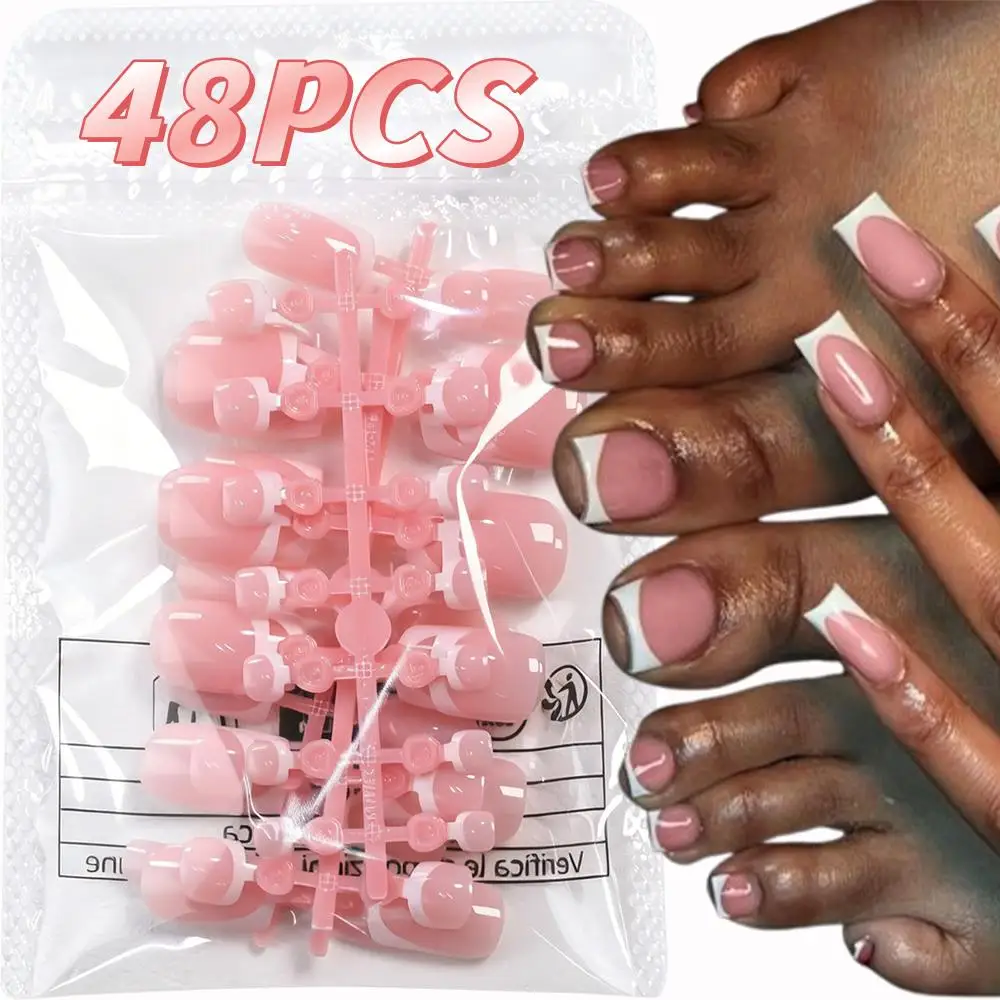 48Pcs White French Tips Press On Toenails+Fingertips Short Sqaure Fake Hand&Foot Nails Glossy Pink Wearable False Toe Hands Nail
