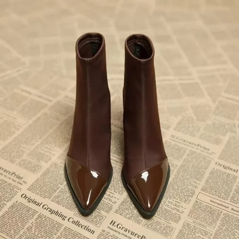 2025 Comfortable Patchwork Elastic Fabric Women\'s Ankle Boots Pointed Black Brown Women\'s Pointed Thick Heel High Top Slim Boots