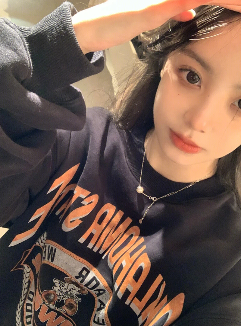 Women's Thickened Fleece Hoodie round Neck Sweatshirt Fashionable Loose Style Commute Style Long Sleeve Korean Version