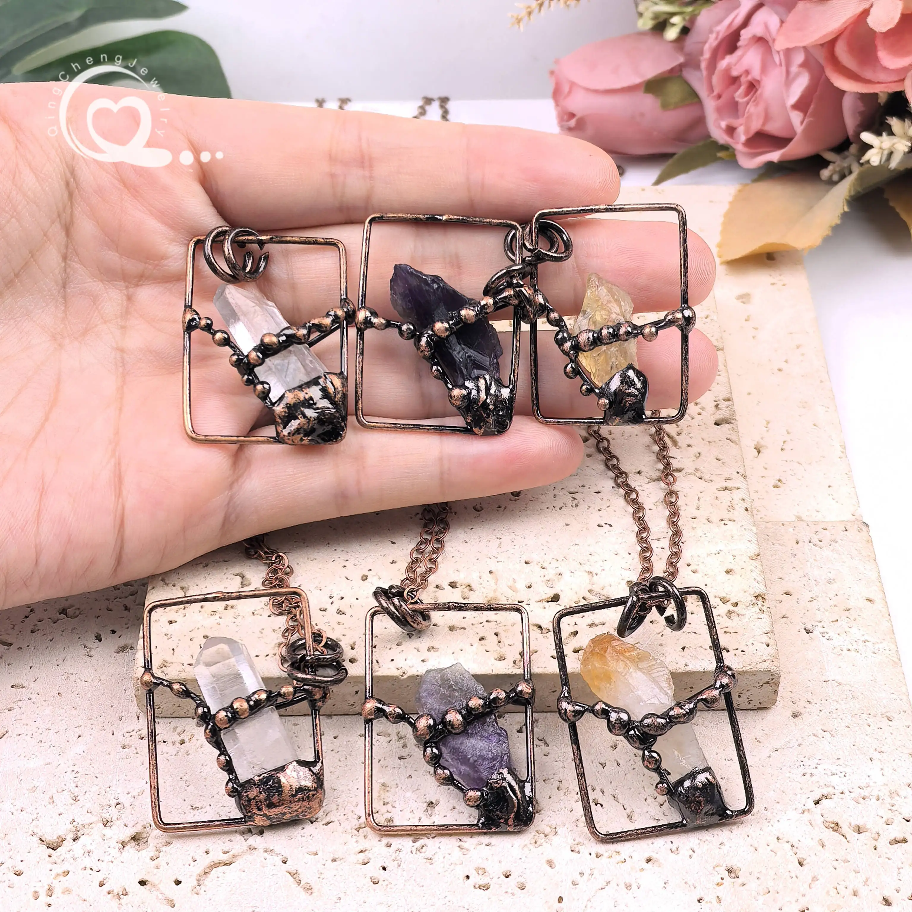 ملحوم البرونزية الخام كريستال نقطة قلادة العتيقة النحاس الخام سيترين جمشت الكتلة قلادة جالبة للحظ خمر مجوهرات QC3443 #2