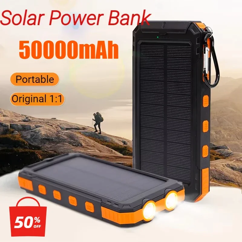 2025 Popular Solar Power Bank 50000mAh Battery Charger Cases Waterproof Dual Headlights for iPhone Samsung Huawei Xiaomi Type-C