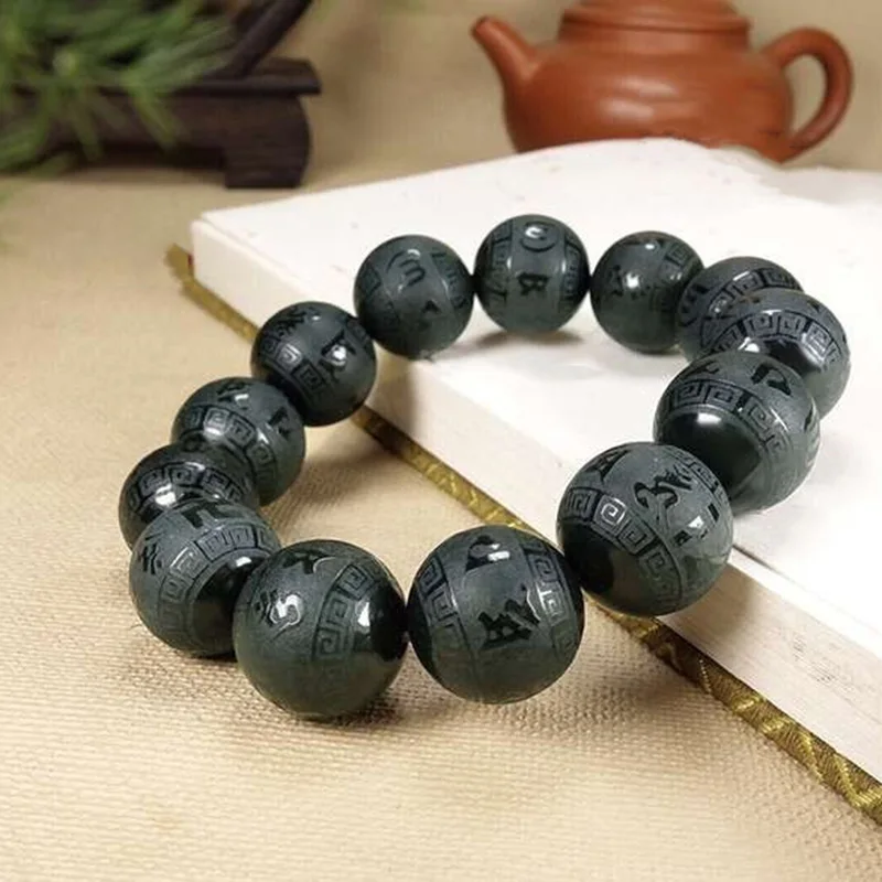 Natural  Qingyu Six word truth Bead Jade Bracelet Jewelry Fine Jewelry Lucky Safety Auspicious AmuletJade Bracelet