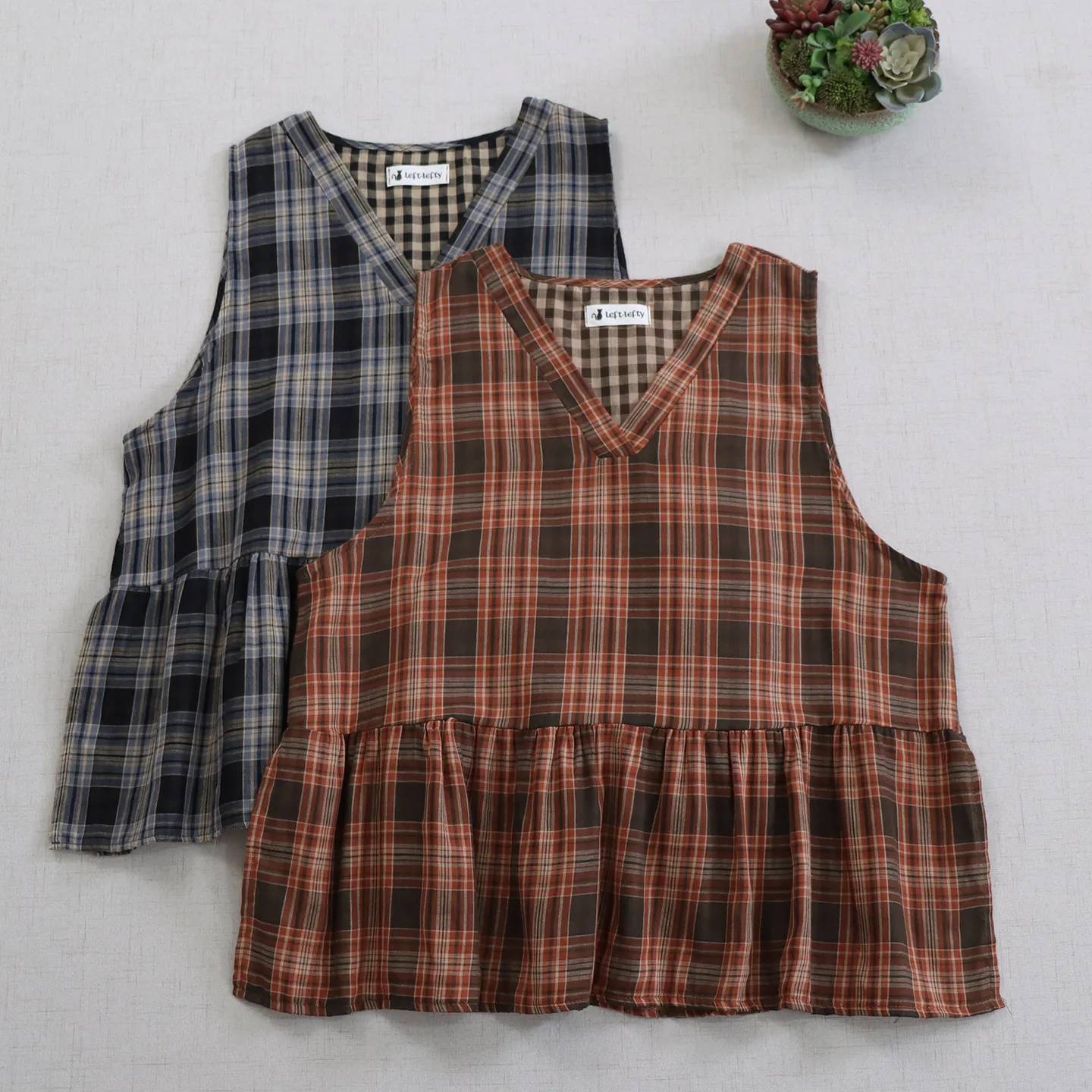 Japanese Mori Girl Vintage Plaid Ruffles Cotton Tank Tops Women Summer New V-Neck Sleeveless Casual Loose Retro Vest Tops