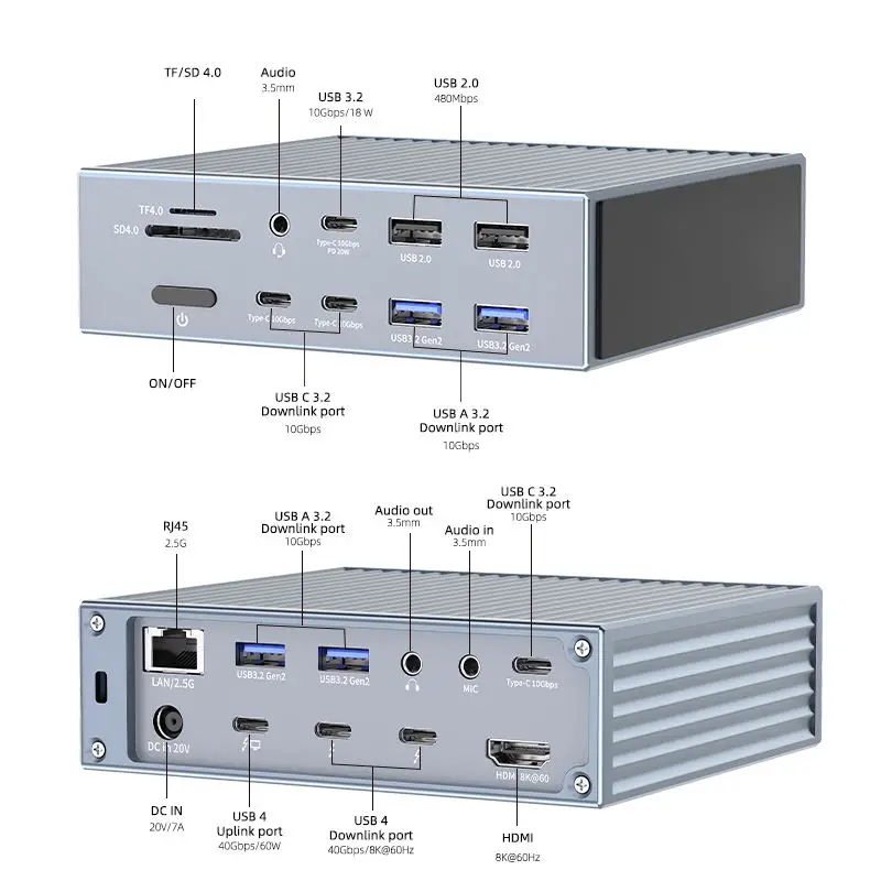 Thunderbolt 4 HD 8K 60 Гц USB4 40 Гбит/с 20 портов типа C для ноутбука Многофункциональный концентратор USB 3.0 SD TF Док-станция PD Switcher Hub