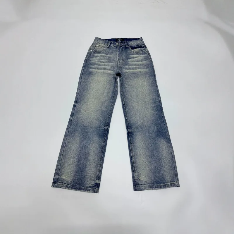 Men Cleanfit Loose Straight Jeans American High Street Heavyweight Washed Blue A‑Fit Denim Trousers Casual Streetwear Long Pants