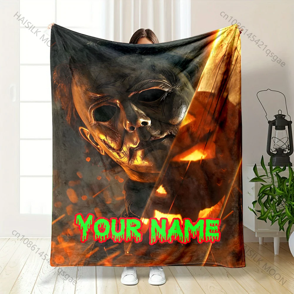 

Halloween Gift Custom Name Blanket Halloween-themed killer Patterns Fluffy Soft Flannel for Home Sofa Travel RV Luxury Gift