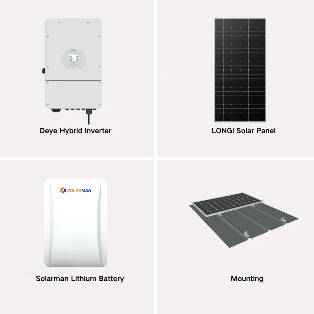100KW Deye Hybrid Inverter Solar Energy System LONGi Solar Panel Solarman Lithium Ion Batteries Home IP65 Protection