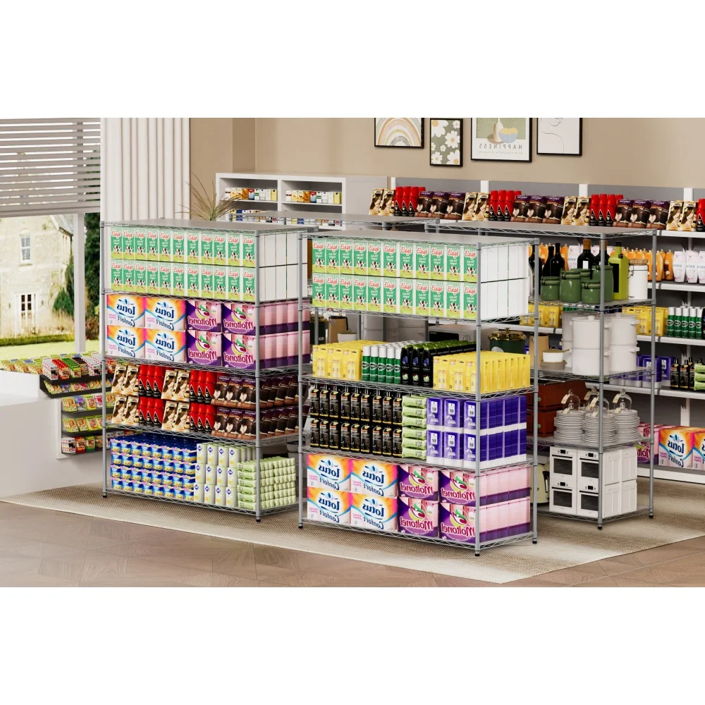 5-tier heavy-duty adjustable shelving & racking, 300 lbs/shelf, with wheels & shelf liners, supermarkets, kitchens.