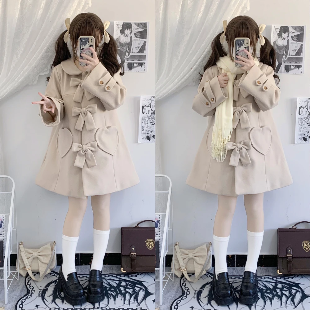 2025 Autumn Winter New Japanese Style Beige Turn-Down Collar Long Sleeve Bow JK Mid-Length Casual Loose Quilted Coat
