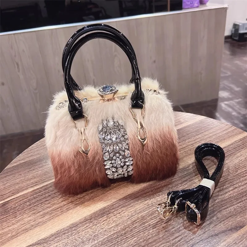 

Fur handbag women's autumn and winter new temperament rabbit fur one-shoulder cross-body fur rhinestone bag banquet women's bag