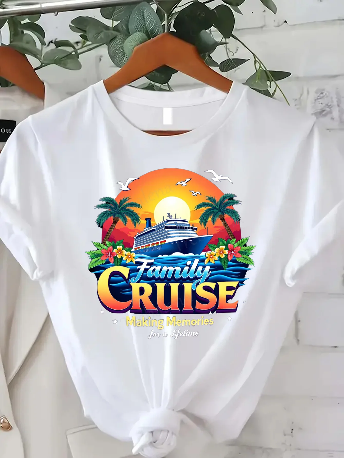 

Women T-shirt Family Cruise T-Shirt - Tropical Sunset & Cruise Ship Design for Women
