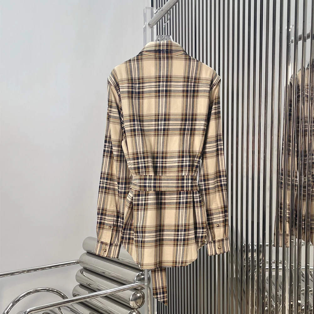 بلوزات نسائية منقوشة من القطن 100% بربطة خصر بسيطة وأنيقة للركاب قميص غير رسمي لخريف وشتاء 2025 وصل حديثًا Y2K #2